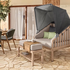 Premium-Lounge-Strandkorb mit Sonnenschutz-Dach und Fußteil - grau - Massivholz -