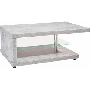 Couchtisch PRO LINE Tische Gr. B/H/T: 107 cm x 42 cm x 67 cm, grau (betonoptik) Couchtische eckig aus Holz, mit Ablageboden Glas, Rollen, rechteckig