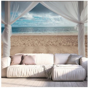 queence Fototapete Pergola am Meer, glatt, Meer, Motiv, Strand, bedruckt, orientalisch, realistisch, (4 St), Wandpaneele, selbstklebend, Tapete, Sticker, Wanddeko, XXL-Fotomotiv