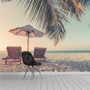queence Fototapete Strandliegen am Meer, glatt, Meer, Motiv, Strand, bedruckt, natürlich, realistisch, (4 St), Wandpaneele, selbstklebend, Tapete, Sticker, Wanddeko, XXL-Fotomotiv