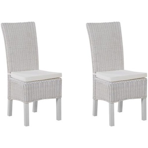 Stuhl Weiß 2er Set aus Rattan mit hohen Rückenlehne und integrierten Sitzkissen stabilen Gestell Wohnzimmer/ Esszimmer Korbdesign