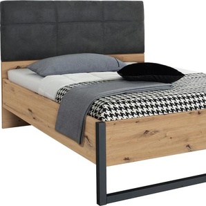 Bett RAUCH Tampa Betten Gr. Liegefläche B/L: 140 cm x 200 cm Betthöhe: 43,9 cm, kein Härtegrad, ohne Matratze, braun (eichefarben artisan, lederoptik dunkelgrau, bettkufe grau metallic gepulvert) Bett Bettgestell Polsterbetten Bettgestelle Betten im
