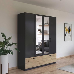 rauch Drehtürenschrank Bari mit Schubkästen und Spiegel mittig, Metallgriff in Graumetallic