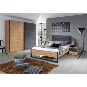 Rauch Möbel Bett, Anthrazit, Graphit, Eiche Artisan, Textil, 140x200 cm, Blauer Engel, BQ - Bündnis für Qualität, Made in Germany, gepolstertes