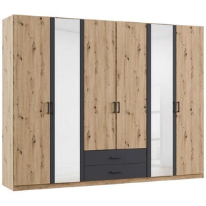 Rauch Möbel Kleiderschrank, Grau, Eiche, Eiche Artisan, Kunststoff, 3 Fächer, 2 Schubladen, 271x210x54 cm, Blauer Engel, Goldenes M, Made in Germany,