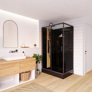 Rechteckige Duschkabine mit Hydromassage - Bambus - Beidseitige Installation - Schwarz matt - 120 x 80 x 225 cm - VITUNA