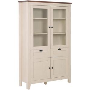 Regal Beige 42 x 113 x 180 cm mit Glastüren 5 Fächern und 2 Schubladen Geräumig Praktisch Wohnzimmermöbel Retro Still