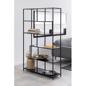 Regal X Böden: MDF Mitteldichte Holzfaserplatte , foliert Gestell: Metall, pulverbeschichtet Schwarz/Eiche Schwarzbraun Dekor 114 x 185 x 35cm