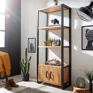 Regal Crompton 80x185 cm Mango Natur Metall Schwarz 3 Fächer 2 Türen, Standregale