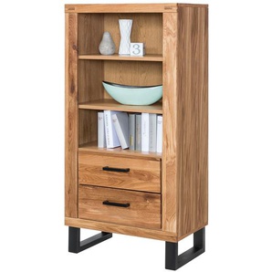 Regal Front: Massivholz Eiche, geölt Korpus: MDF Mitteldichte Holzfaserplatte , furniert Griffe & Gestell: Metall, pulverbeschichtet Braun 66 x