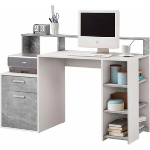 Regal-Schreibtisch FMD Bolton Tische Gr. B/H/T: 138,5 cm x 92 cm x 53,5 cm, weiß (weiß, betonoptik) Schreibtische mit 3 offenen Fächern
