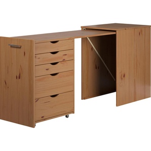 Regal-Schreibtisch INTER-FURN Voltera, braun (massivholz kiefer, honigfarben lackiert, massivholz kiefer, honigfarben lackiert), H:77cm T:50cm, Tische, kleiner Massivholz Schreibtisch, groß ausziehbar von 57 zu 164 cm