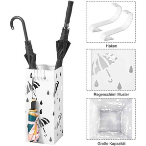 Regenschirmständer aus Eisen, L20 x B20 x H49cm, Schirmständer mit Wasserauffangschale, 4 Haken für Taschenschirme, Weiß Rechteck - Woltu