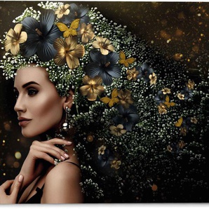 Glasbild REINDERS Glasbild Elegante Frau Blumen - Festlich Schmetterling Eleganz Bilder Gr. B/H: 70 cm x 50 cm, Frau, 1 St., goldfarben Glasbilder