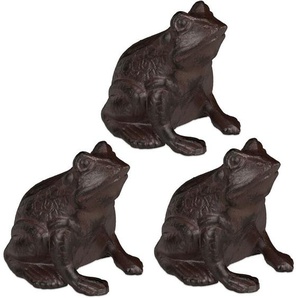 Relaxdays - 3 x Gartenfigur Frosch, sitzend, aus Gusseisen, antike Optik, wetterfest, Gartendeko, Balkon, Froschfigur, braun