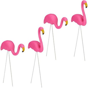 Relaxdays - 4 x Flamingo Figur, niedliche Gartendeko, tropisches Flair, Teichfiguren Kunststoff, Metall, Dekofigur 2 Größen, pink