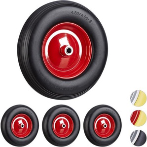 Relaxdays - 4 x Schubkarrenrad 4.80 4.00-8, Vollgummireifen und Stahlfelge, Ersatzrad pannensicher, 100kg Traglast, schwarz-rot