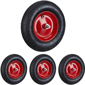 Relaxdays - 4x Schubkarrenreifen 4.80 4.00-8, Ersatzrad luftbereift mit Achse, Luftreifen 120kg Traglast, Schubkarrenrad, schwarz-rot