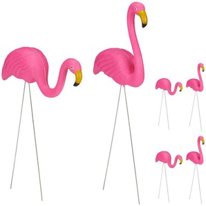 Relaxdays - 6 x Flamingo Figur, niedliche Gartendeko, tropisches Flair, Teichfiguren Kunststoff, Metall, Dekofigur 2 Größen, pink