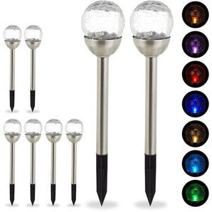Relaxdays - 8 x Gartenleuchte Glaskugel, led Solarleuchten in Bruchglas Optik, Farbwechsel, Wegeleuchte inkl. Erdspieß, silber