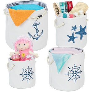 Relaxdays - Aufbewahrungskorb 4er Set, maritime Stoffkörbe mit Griffen, Aufbewahrung Bad, Spielzeug, 4 Größen, weiß/blau