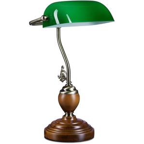 Relaxdays - Bankerlampe Holzfuß, Retro Schreibtischlampe, Messing-Optik, HxBxT:26,5x43x18cm, Holz/Glas/Metall, grün