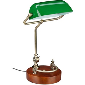 Relaxdays - Bankerlampe, neigbarer Glasschirm, Holzfuß, E27-Fassung, Schreibtischlampe Retro, Bibliothekslampe, grün-braun