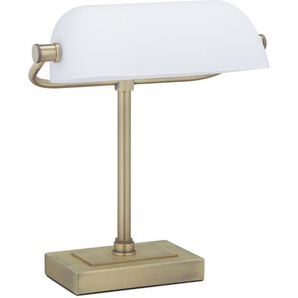 Relaxdays - Bankerlampe, neigbarer Glasschirm, Metallsockel, E14, Schreibtischlampe Retro, Bibliothekslampe, weiß/messing