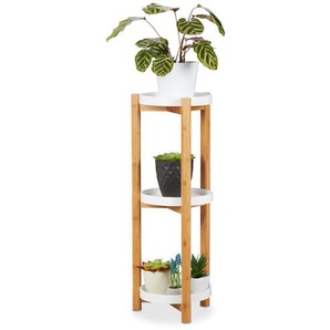 Relaxdays Blumenregal, 3 Etagen, Bambus & MDF, rund, moderner Pflanzenständer für innen, HxD: 79 x 30 cm, natur/weiß
