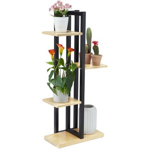 Relaxdays - Blumenregal Metall, 4-stufige Indoor Blumentreppe, Holzoptik, HxBxT: 93x42,5x22,5 cm, Pflanzenregal, hellbraun