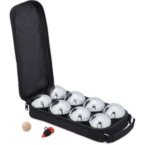 Relaxdays - Boule Kugeln, 8 Metall Kugeln, Set mit Zielkugel & Abstandsmesser, Tragetasche, Boccia Spiel, silber/ schwarz