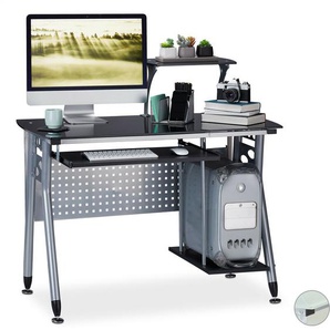 Relaxdays Computertisch Glas, Tastaturauszug & Fach für Rechner, HBT: 98 x 105 x 55 cm, modern, Arbeitszimmer, schwarz