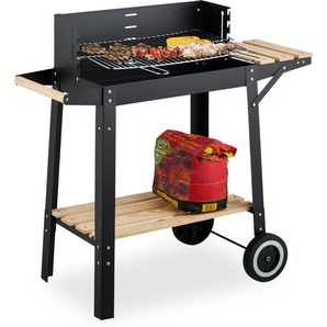 Relaxdays - Grill mit Rädern, 2 Ablagen, höhenverstellbarer Rost, Windschutz, Grillwagen hbt: 80,5 x 86 x 42 cm, schwarz