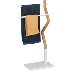 Relaxdays - Handtuchhalter stehend, Handtuchständer mit 2 Stangen, für Hand- & Geschirrtücher, Holz & Metall, weiß/natur