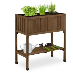 Relaxdays - Hochbeet, Folie, Ablage, HxBxT: 80 x 74 x 38 cm, Garten, Balkon & Terrasse, Pflanztisch, Tannenholz, braun