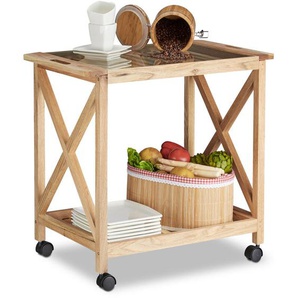 Relaxdays - Küchenwagen Holz auf Rollen, 2 Etagen Servierwagen, Rollwagen mit Glasplatte, HxBxT: 63 x 66,5 x 38 cm, natur