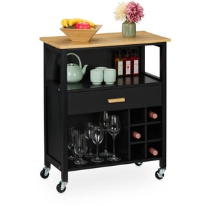 Relaxdays - Küchenwagen, Weinregal 6 Flaschen, Schublade, 2 Fächer, 80x65x35 cm, Bambus Arbeitsplatte, mdf, schwarz/natur