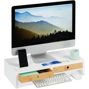 Relaxdays Monitorständer, 2 Schubladen, PC Erhöhung für Schreibtisch, Bambus & MDF, HBT: 12 x 55,5 x 27 cm, weiß/natur