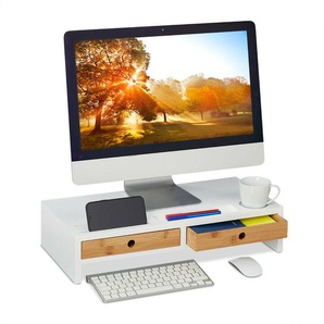 Relaxdays - Monitorständer, 2 Schubladen, PC-Erhöhung für Schreibtisch, HxBxT: 12 x 56 x 27 cm, Bambus & mdf, weiß/natur