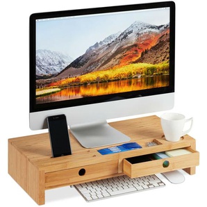 Relaxdays - Monitorständer, aus Bambus, Bildschirmerhöhung mit 2 Schubladen & Ablagen, Schreibtisch, hbt 12x56x27cm, natur