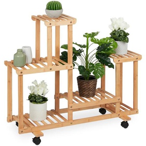 Relaxdays - Pflanzenregal, Blumenständer mit 6 Ablagen, Bambus, HxBxT 79 x 95 x 36 cm, rollbar, Blumenregal innen, natur