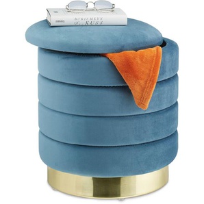 Relaxdays - Samthocker mit Stauraum, rund, Hocker Samt, eleganter Polsterhocker, HxD: 43,5x39 cm, Sitzhocker, petrol/gold