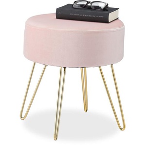 Relaxdays - Samthocker, rund, eleganter Polsterhocker, goldene Metallbeine, modern, Sitzhocker Samt, HxD: 40 x 40 cm, rosa
