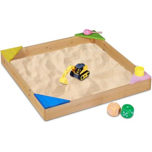 Relaxdays - Sandkasten, 4 bunte Ecksitze, HxBxT: 11,5 x 90 x 90 cm, Sandkasten-Bausatz, Tannenholz, Sandkiste, natur