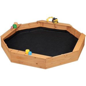 Relaxdays - Sandkasten, 8-eckig, 4 Sitzbänke, mit Sandkastenvlies, hbt 22,5 x 160 x 160 cm, Sandkiste, Tannenholz, natur