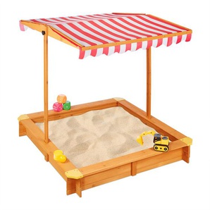 Relaxdays - Sandkasten mit verstellbarem Dach, HxBxT: 117 x 117 x 117 cm, Sandkiste mit Bodenvlies, Tannenholz, natur