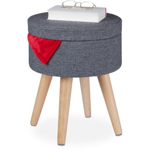 Relaxdays - Sitzhocker mit Tischfunktion, gepolsterter Deckel, Stauraum, HxD: 45,5 x 37 cm, Stoff, Holzbeine, grau/natur