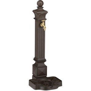 Relaxdays - Standbrunnen antik, mit Wasserhahn & Becken, HxBxT: 82 x 29 x 33 cm, Wasserzapfsäule Garten, Terrasse, braun