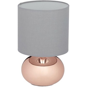 Relaxdays - Tischlampe, runde Nachttischlampe mit Touch, HxD: 27,5 x 18 cm, E14, Tischleuchte mit Stoffschirm, kupfer/grau