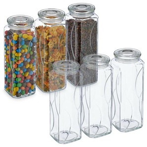 Relaxdays - Vorratsgläser mit Deckel, 6er Set, Glas, 1650 ml, eckige Vorratsdosen, luftdichte Glasbehälter, transparent